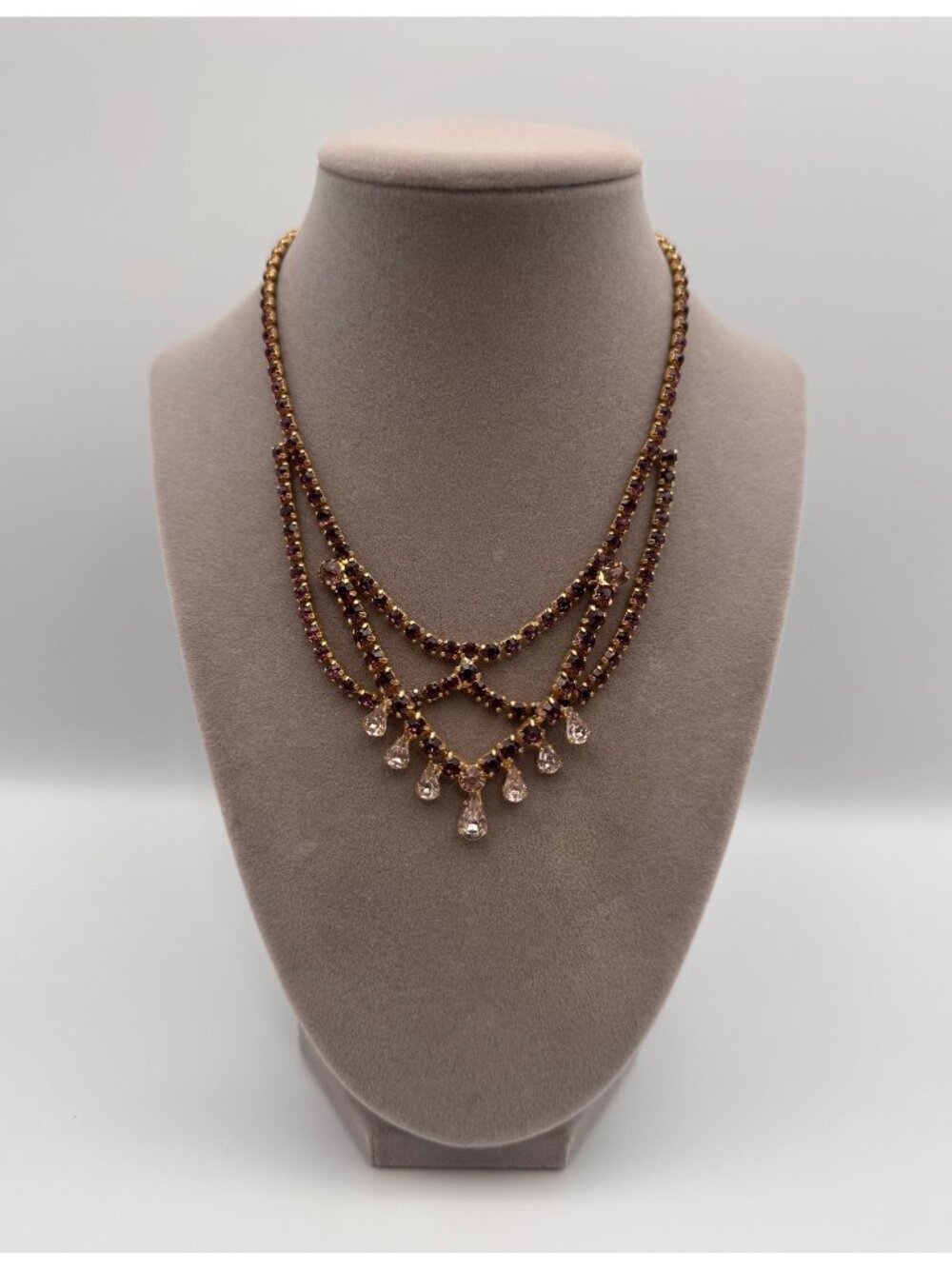 Vintage Purple Rhinestone Festoon Necklace Teardrop Dangles Gold Tone 14”